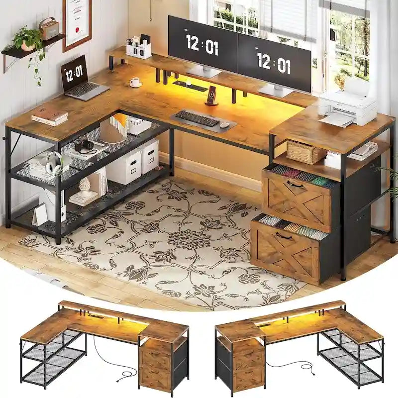 Modern L-Shaped Computer Desk with Drawers, Shelves and LED Lighting