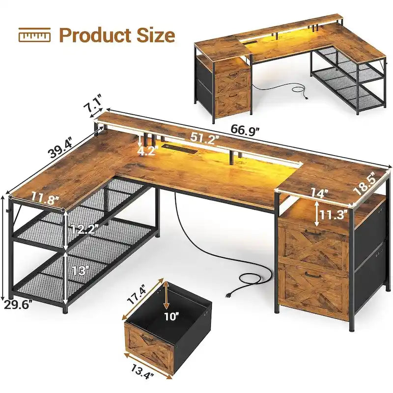 Modern L-Shaped Computer Desk with Drawers, Shelves and LED Lighting