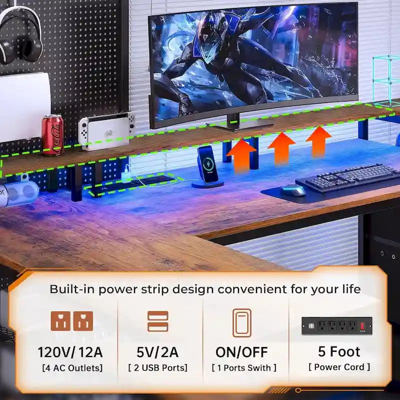 Modern L-Shaped Computer Desk with Drawers, Shelves and LED Lighting