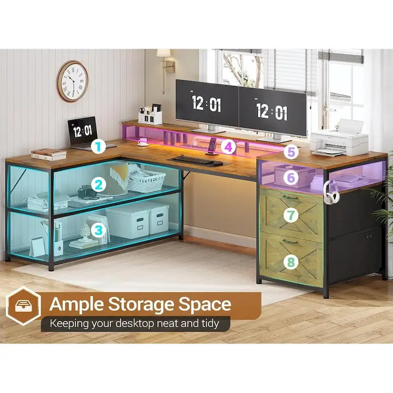 Modern L-Shaped Computer Desk with Drawers, Shelves and LED Lighting