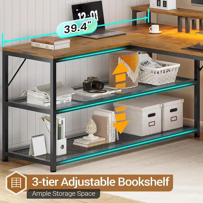 Modern L-Shaped Computer Desk with Drawers, Shelves and LED Lighting