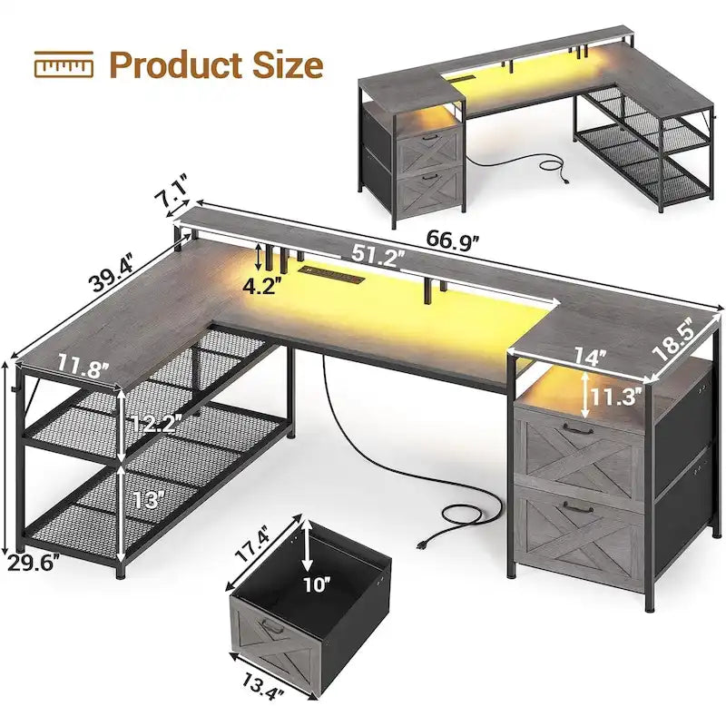 Modern L-Shaped Computer Desk with Drawers, Shelves and LED Lighting