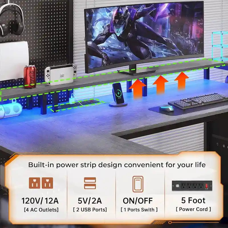 Modern L-Shaped Computer Desk with Drawers, Shelves and LED Lighting