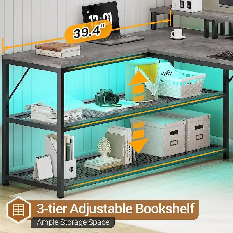 Modern L-Shaped Computer Desk with Drawers, Shelves and LED Lighting