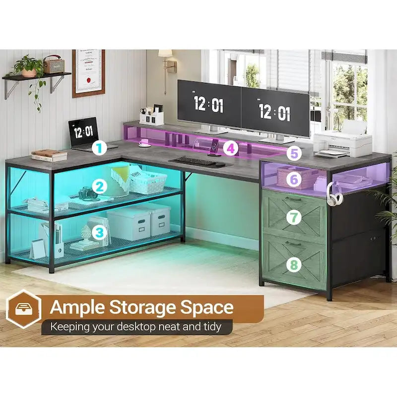 Modern L-Shaped Computer Desk with Drawers, Shelves and LED Lighting