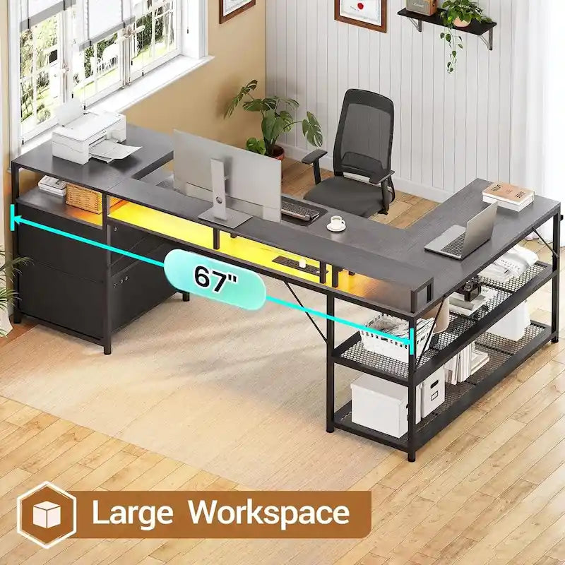 Modern L-Shaped Computer Desk with Drawers, Shelves and LED Lighting