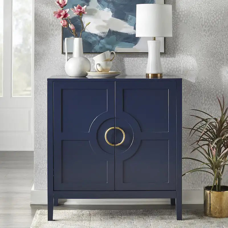 Contemporary Two Door Console Cabinet with Brass Handles and Shelf