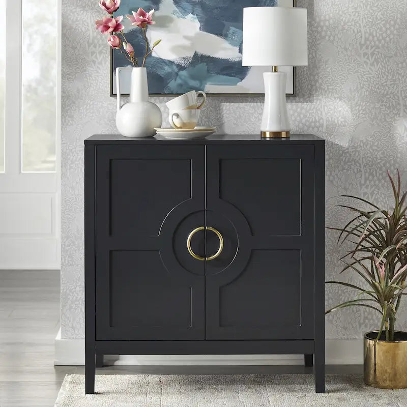 Contemporary Two Door Console Cabinet with Brass Handles and Shelf