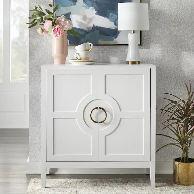 Contemporary Two Door Console Cabinet with Brass Handles and Shelf