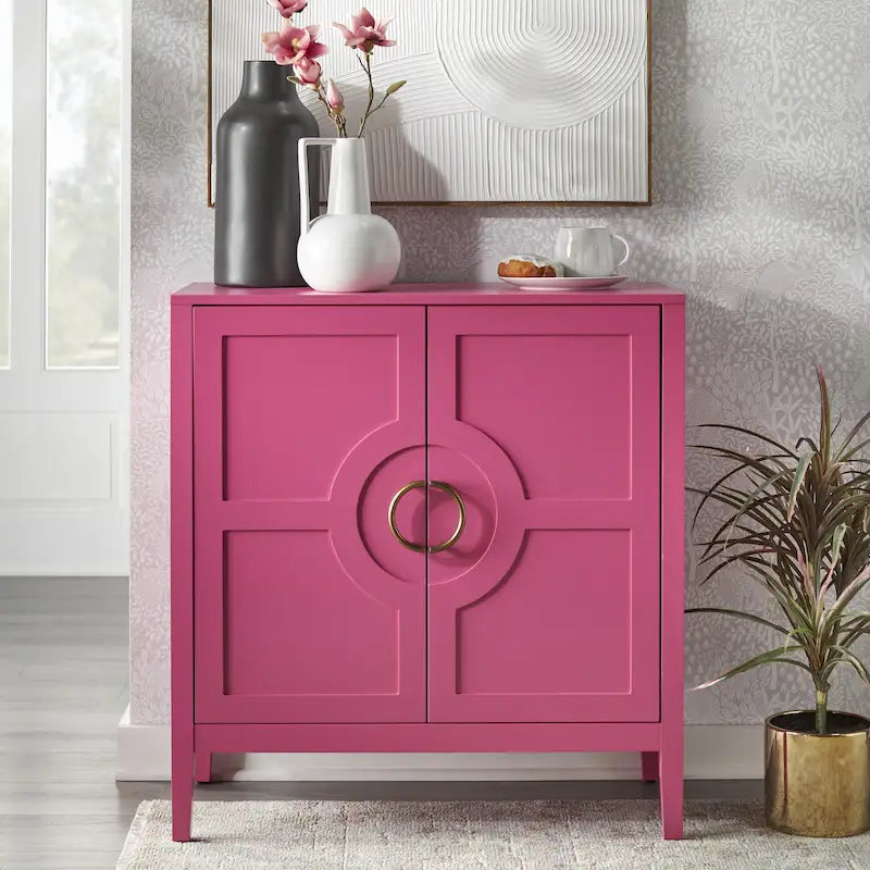 Contemporary Two Door Console Cabinet with Brass Handles and Shelf