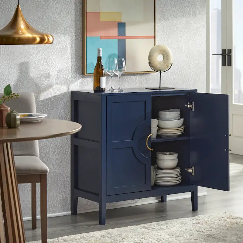 Contemporary Two Door Console Cabinet with Brass Handles and Shelf