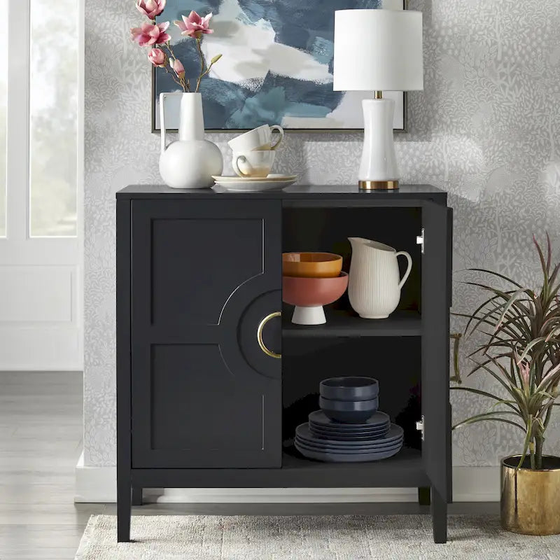 Contemporary Two Door Console Cabinet with Brass Handles and Shelf