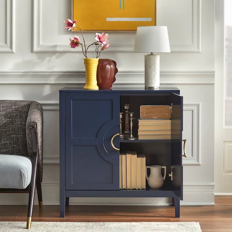 Contemporary Two Door Console Cabinet with Brass Handles and Shelf