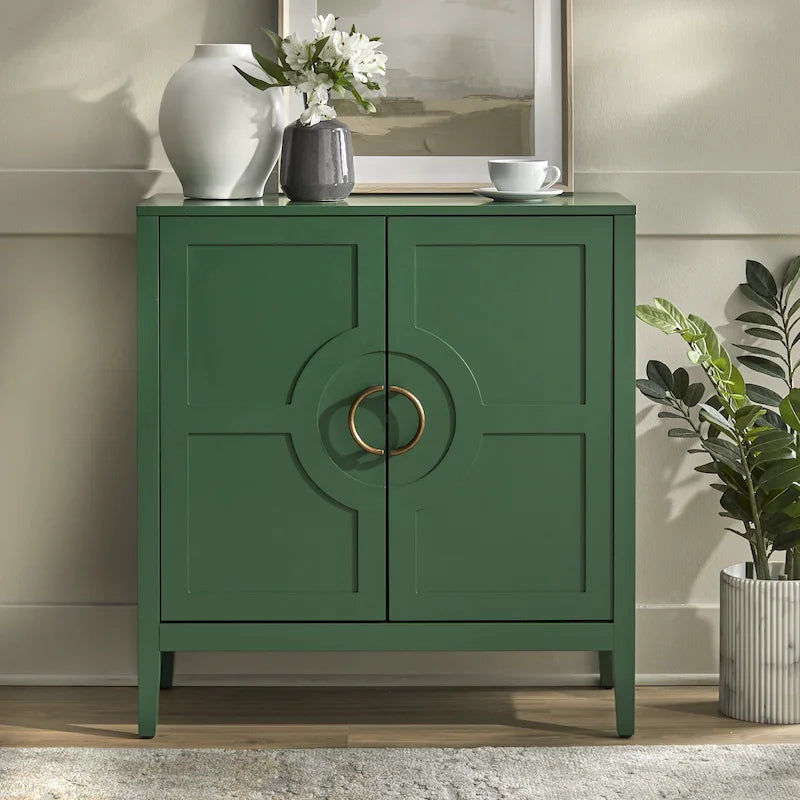 Contemporary Two Door Console Cabinet with Brass Handles and Shelf