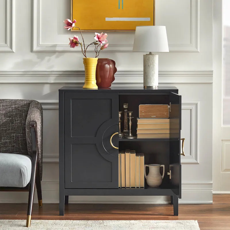 Contemporary Two Door Console Cabinet with Brass Handles and Shelf