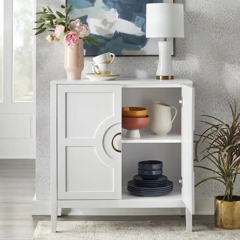 Contemporary Two Door Console Cabinet with Brass Handles and Shelf