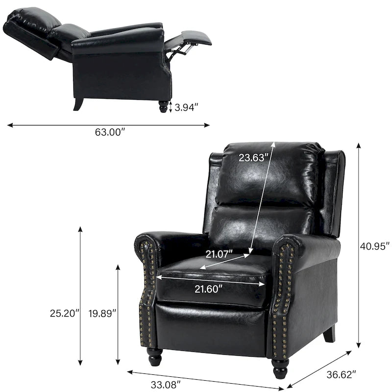 Classic PU Leather Pushback Recliner Chair with Rolled Arms and Nailhead Trim