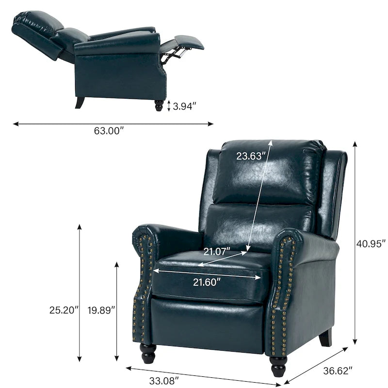 Classic PU Leather Pushback Recliner Chair with Rolled Arms and Nailhead Trim