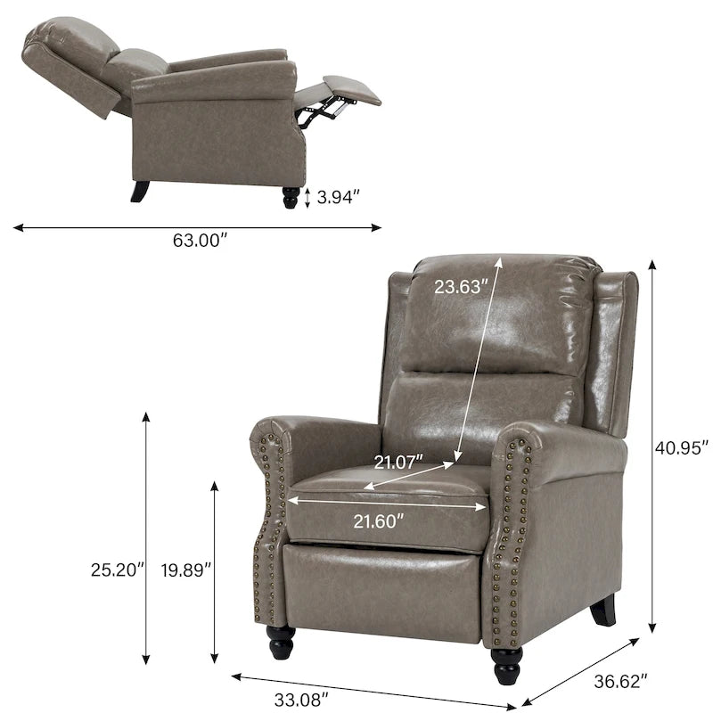 Classic PU Leather Pushback Recliner Chair with Rolled Arms and Nailhead Trim
