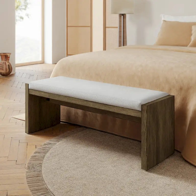 Transitional Brown Solid Wood Bench with Cream Upholstered Cushioned Seat