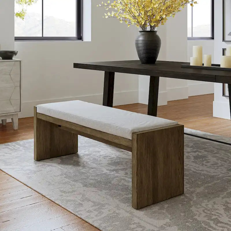 Transitional Brown Solid Wood Bench with Cream Upholstered Cushioned Seat