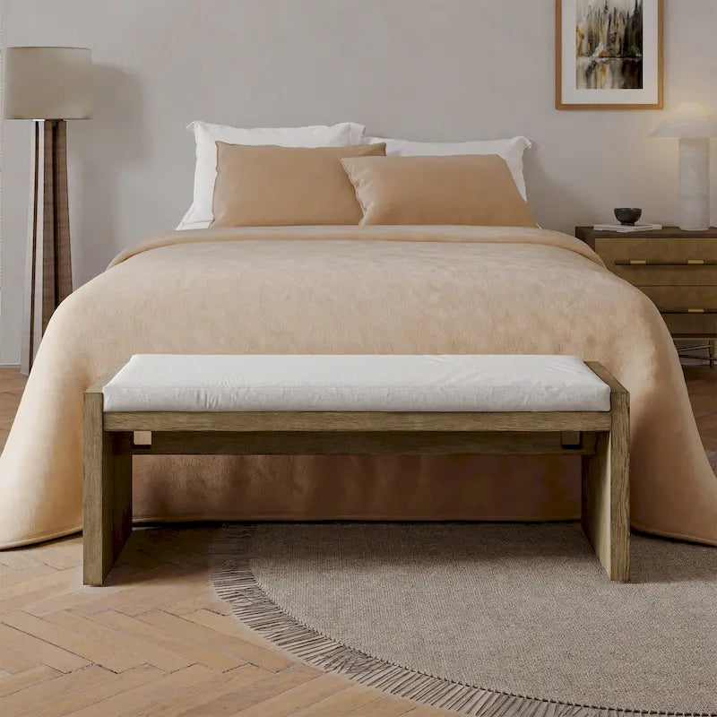 Transitional Brown Solid Wood Bench with Cream Upholstered Cushioned Seat