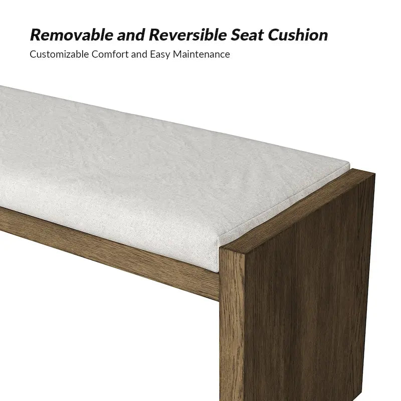 Transitional Brown Solid Wood Bench with Cream Upholstered Cushioned Seat