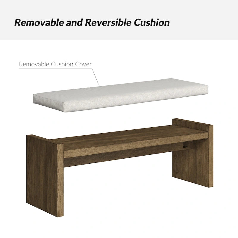 Transitional Brown Solid Wood Bench with Cream Upholstered Cushioned Seat