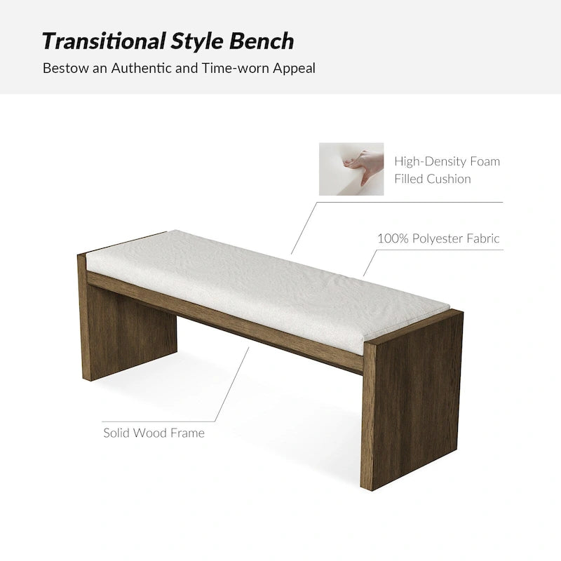 Transitional Brown Solid Wood Bench with Cream Upholstered Cushioned Seat