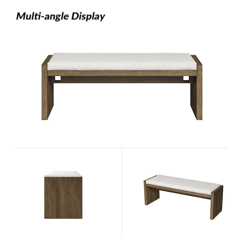 Transitional Brown Solid Wood Bench with Cream Upholstered Cushioned Seat
