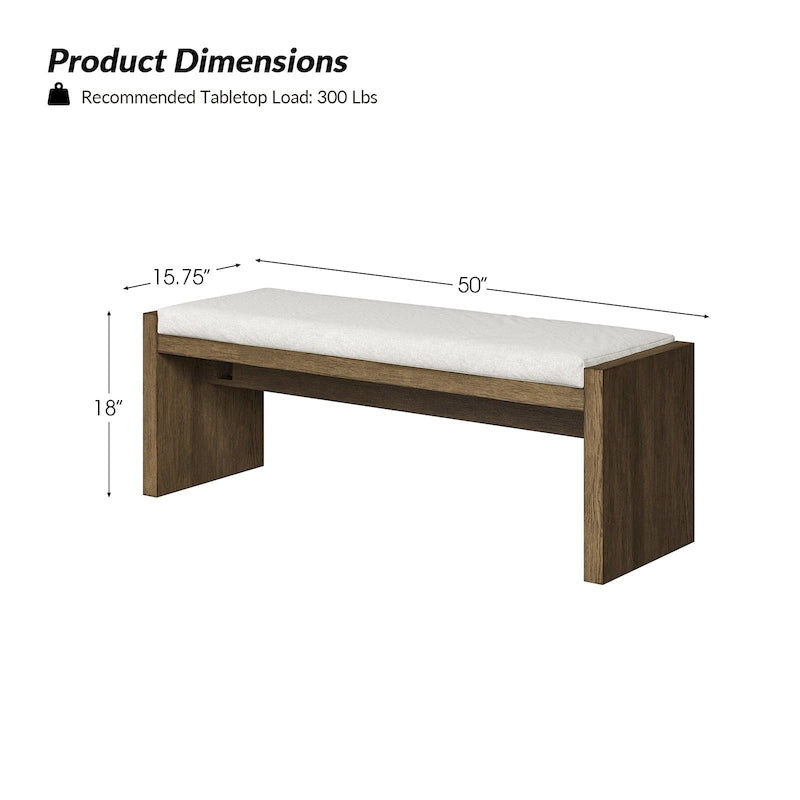Transitional Brown Solid Wood Bench with Cream Upholstered Cushioned Seat