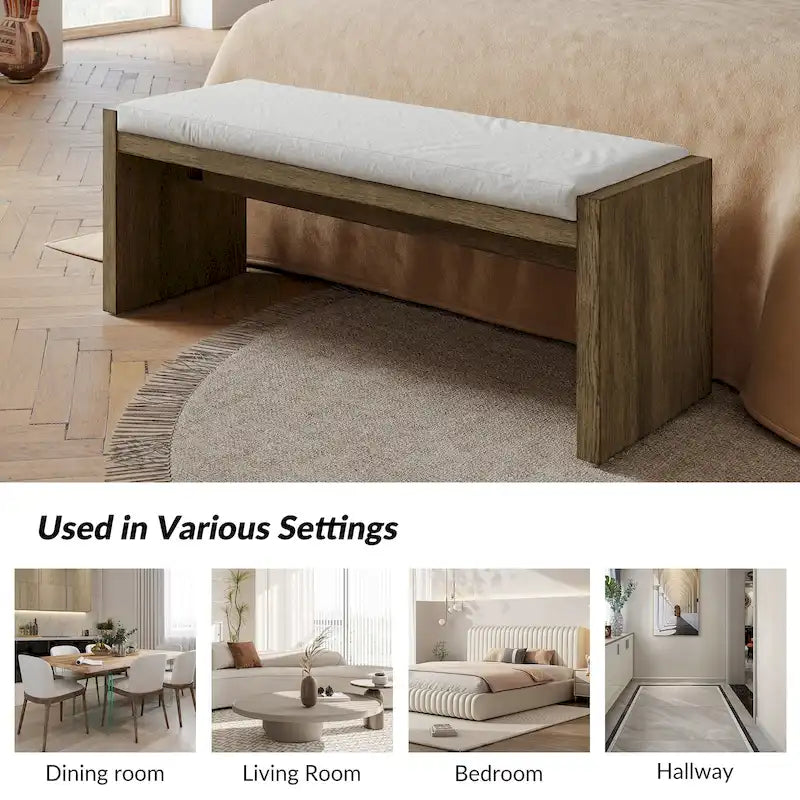 Transitional Brown Solid Wood Bench with Cream Upholstered Cushioned Seat