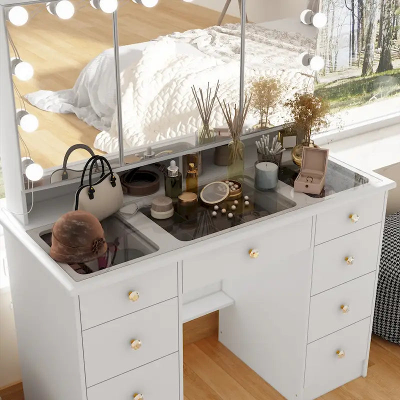Soft-Close Adjustable Lighting Vanity Dresser Vanity Makeup Table