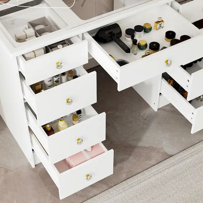 White Glass Top Makeup Vanity Table with Lighted Trifold Mirror