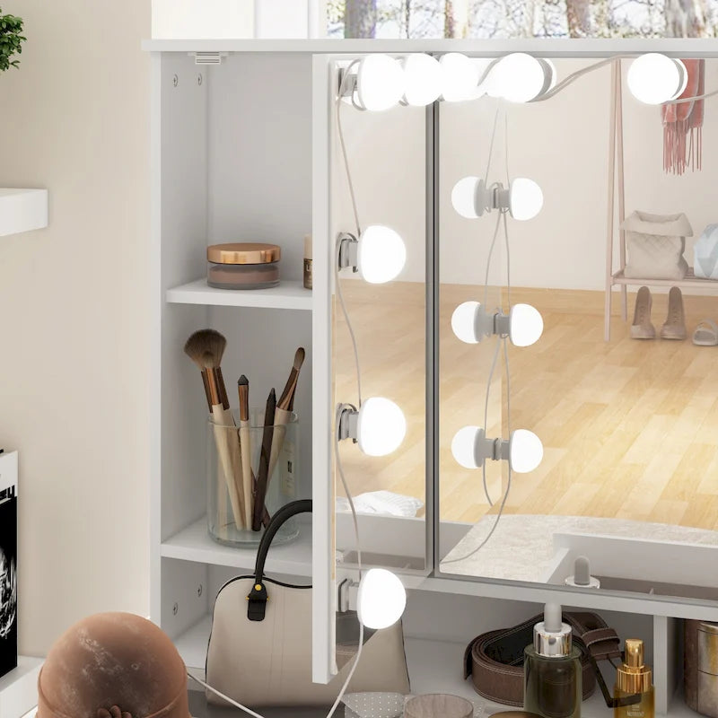 White Glass Top Makeup Vanity Table with Lighted Trifold Mirror