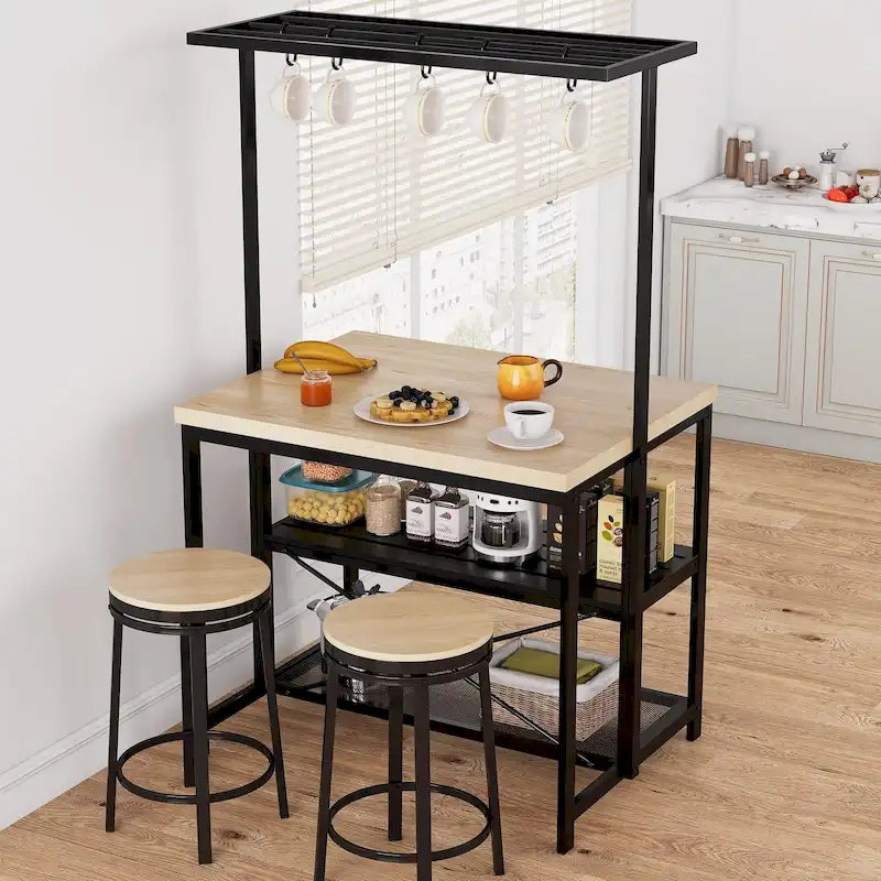 Industrial Wood Look Kitchen Island Table with Shelves and Hooks