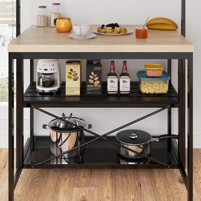 Industrial Wood Look Kitchen Island Table with Shelves and Hooks