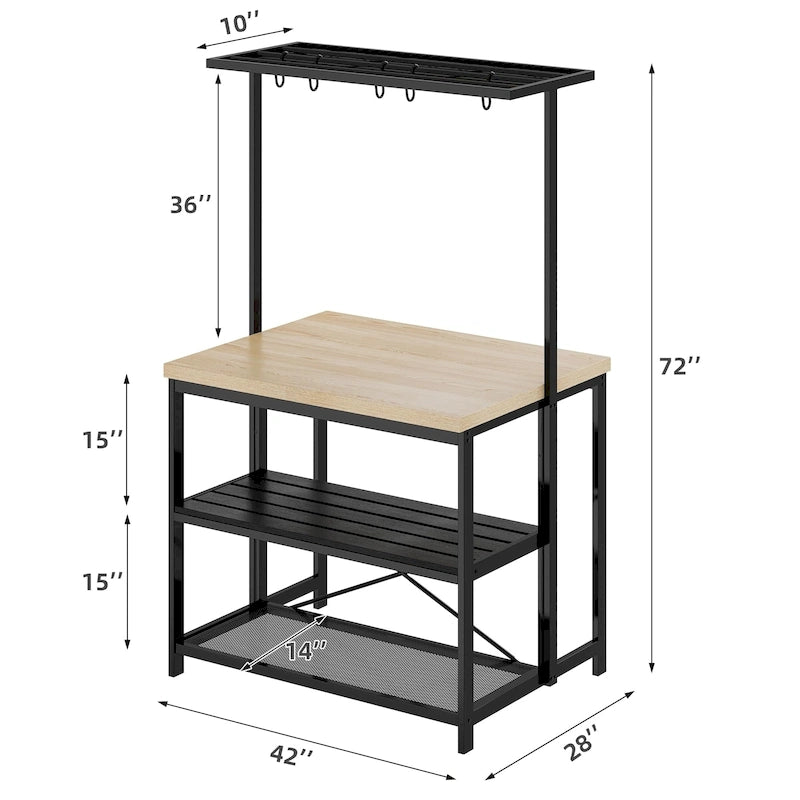 Industrial Wood Look Kitchen Island Table with Shelves and Hooks