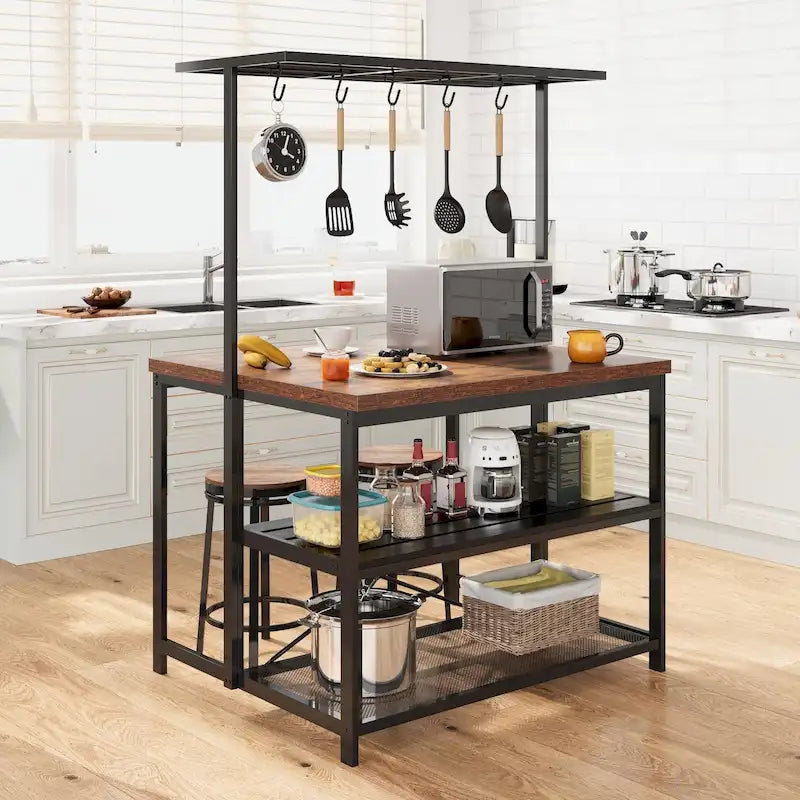 Industrial Wood Look Kitchen Island Table with Shelves and Hooks