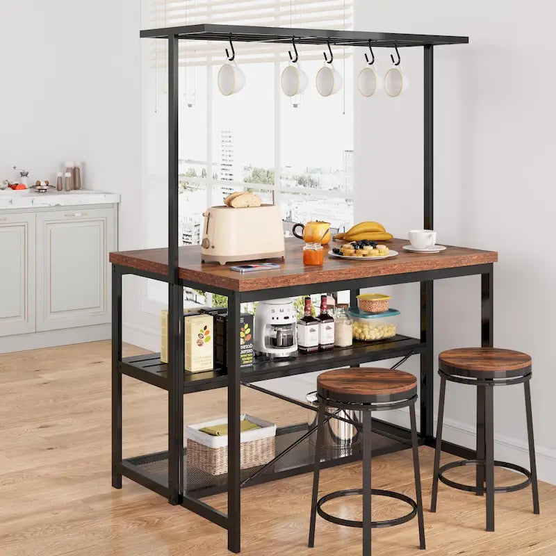Industrial Wood Look Kitchen Island Table with Shelves and Hooks