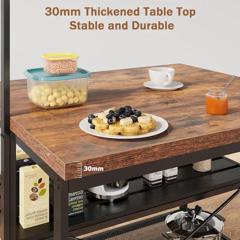 Industrial Wood Look Kitchen Island Table with Shelves and Hooks