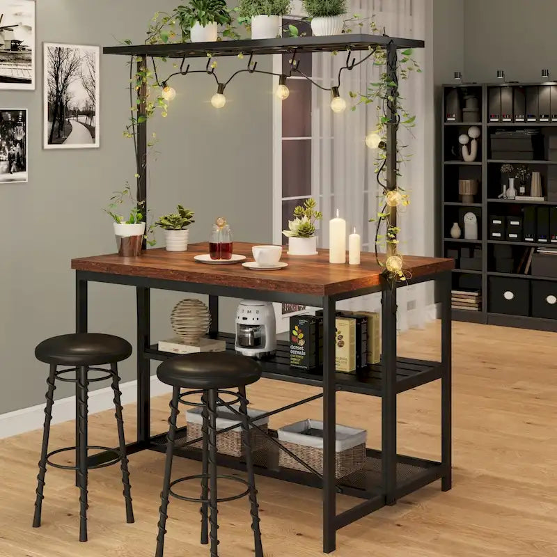 Industrial Wood Look Kitchen Island Table with Shelves and Hooks