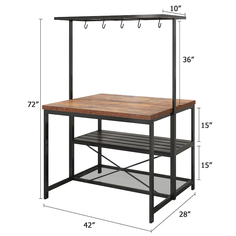 Industrial Wood Look Kitchen Island Table with Shelves and Hooks