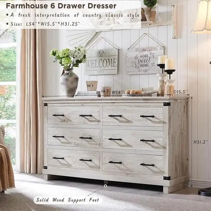 Rustic Farmhouse Six Drawer Wood Dresser with Antiqued Metal Handles