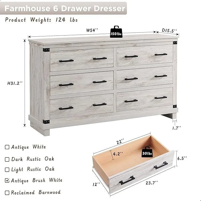 Rustic Farmhouse Six Drawer Wood Dresser with Antiqued Metal Handles