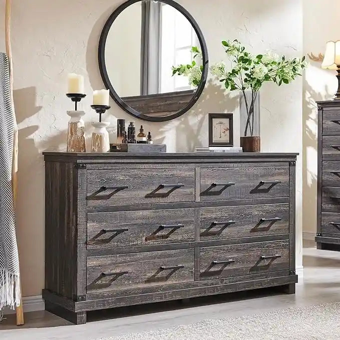 Rustic Farmhouse Six Drawer Wood Dresser with Antiqued Metal Handles