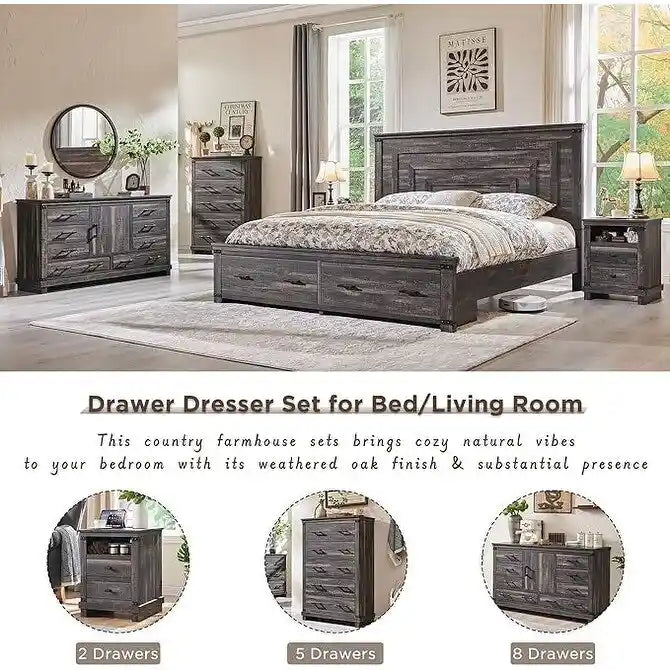 Rustic Farmhouse Six Drawer Wood Dresser with Antiqued Metal Handles