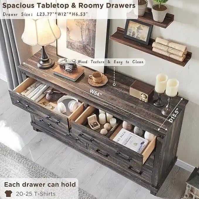 Rustic Farmhouse Six Drawer Wood Dresser with Antiqued Metal Handles