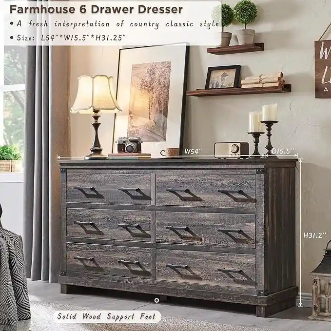 Rustic Farmhouse Six Drawer Wood Dresser with Antiqued Metal Handles