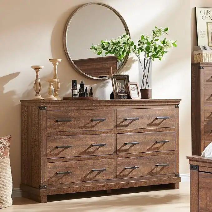 Rustic Farmhouse Six Drawer Wood Dresser with Antiqued Metal Handles